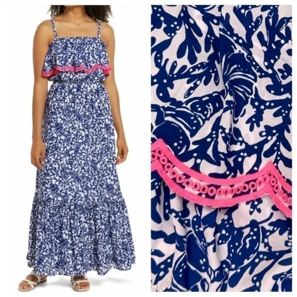 NWOT Lilly Pulitzer Women’s blue & white coral/lobster maxi dress, size XS